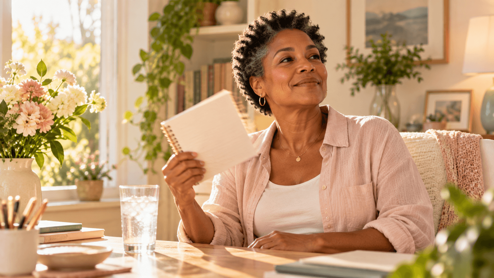 Woman pausing during a warm afternoon, fanning herself lightly with a notebook