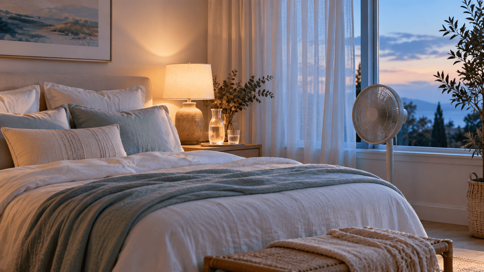 Calm, cool bedroom with linen bedding and a fan at dusk