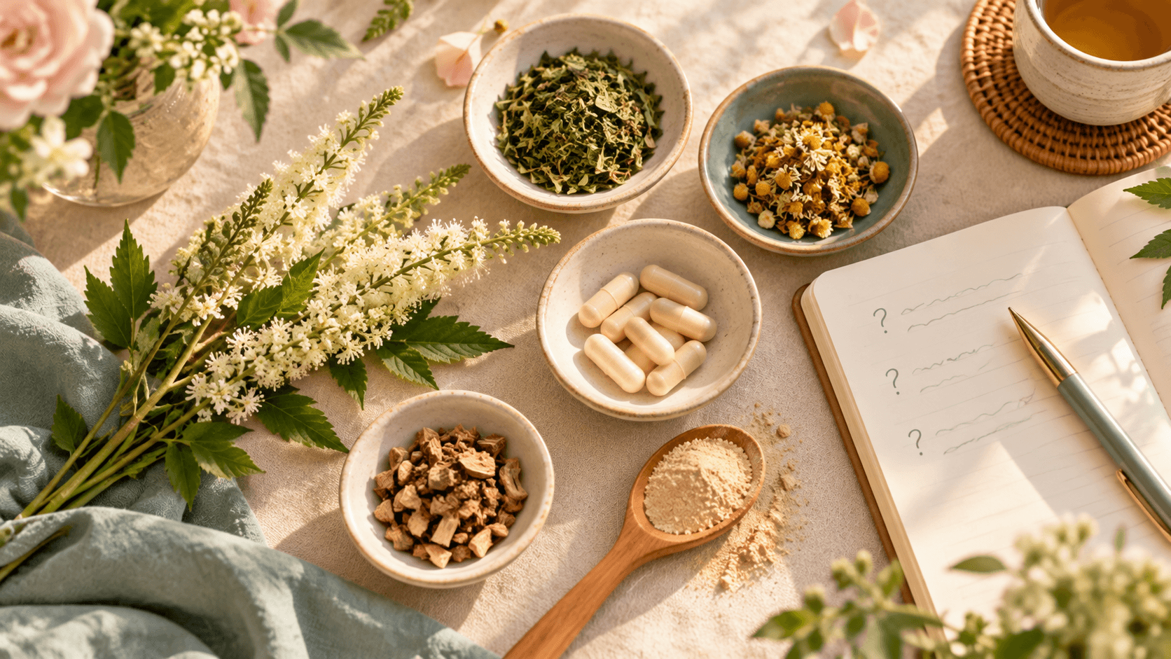 Overhead view of loose herbs, capsules and a notebook on a linen tablecloth Overhead view of loose herbs, capsules and a notebook on a linen tablecloth