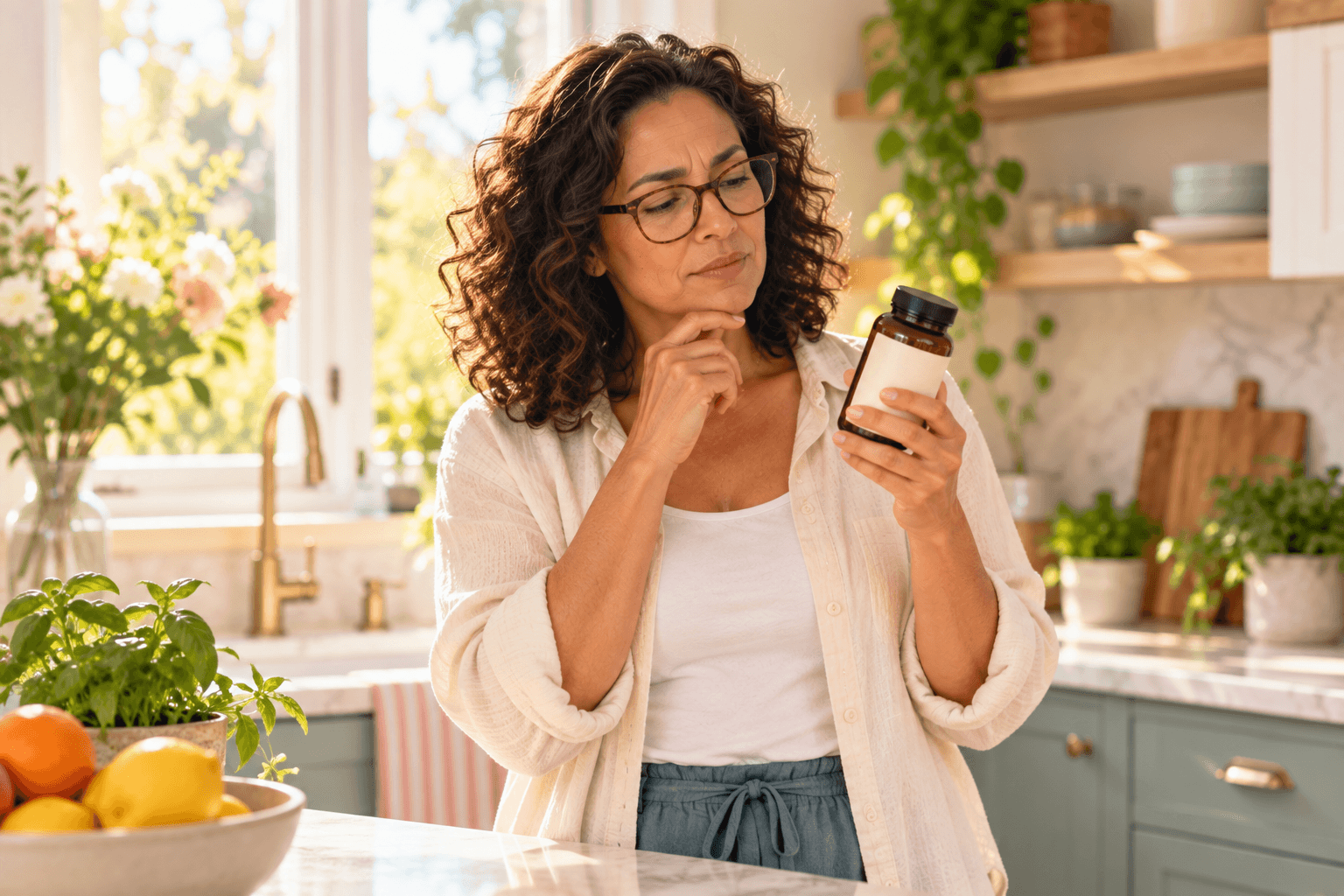 Woman in her 50s doing a dumbbell exercise at home next to a healthy breakfast Woman in her 50s doing a dumbbell exercise at home next to a healthy breakfast