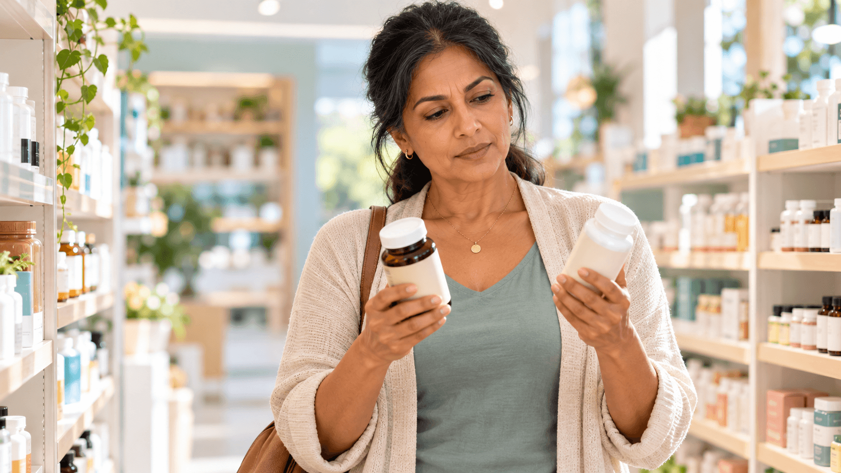 Woman comparing two unlabeled supplement bottles in a pharmacy aisle Woman comparing two unlabeled supplement bottles in a pharmacy aisle