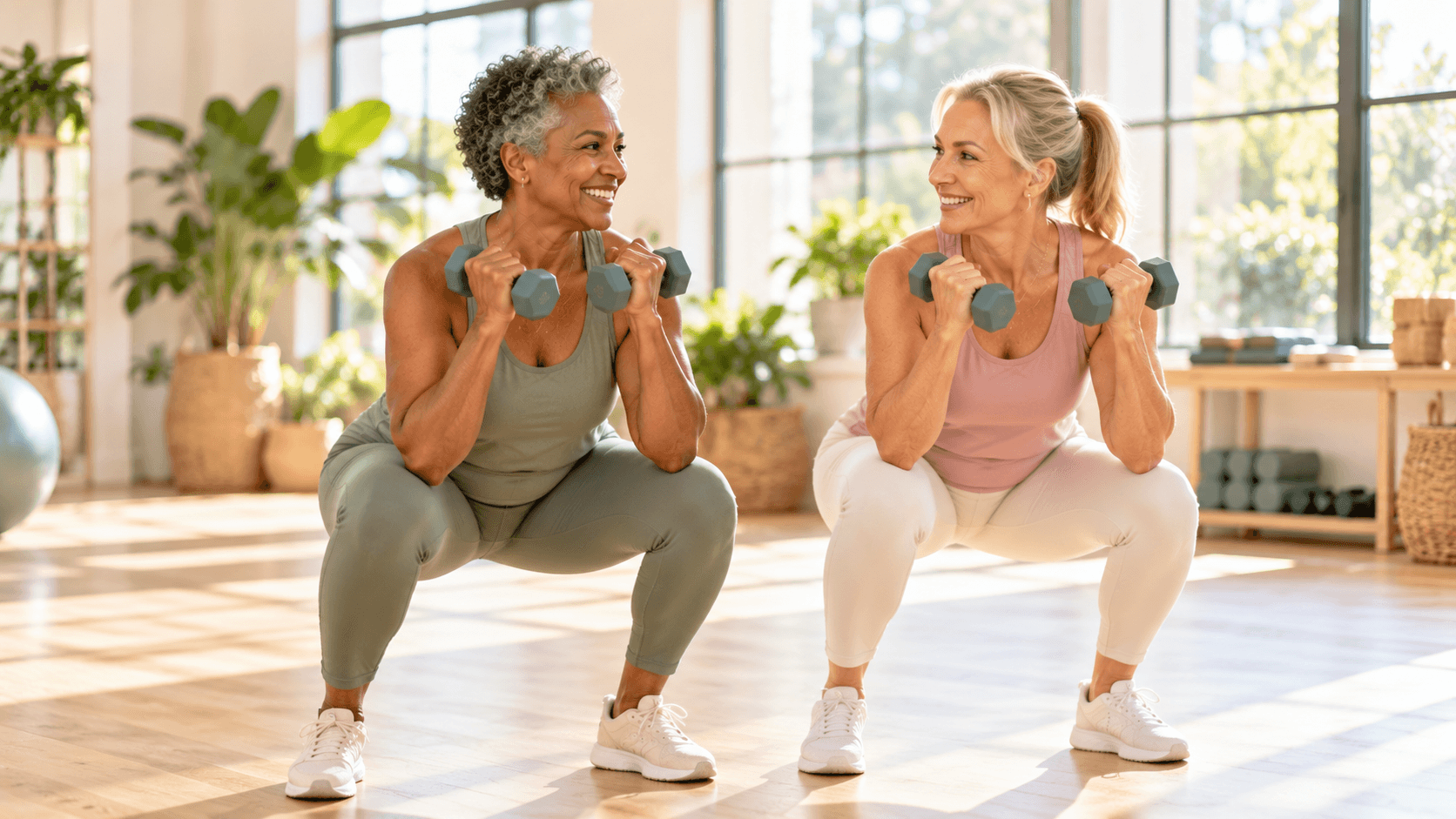 Two women in their 50s strength training with dumbbells in a bright studio