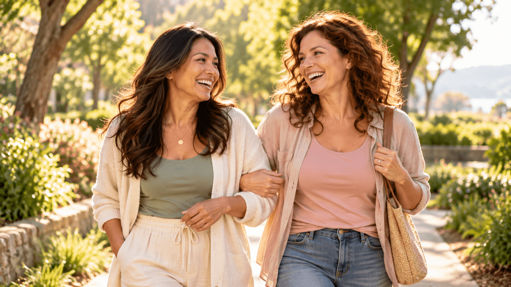 Woman laughing with a friend on a sunny outdoor walk Woman laughing with a friend on a sunny outdoor walk