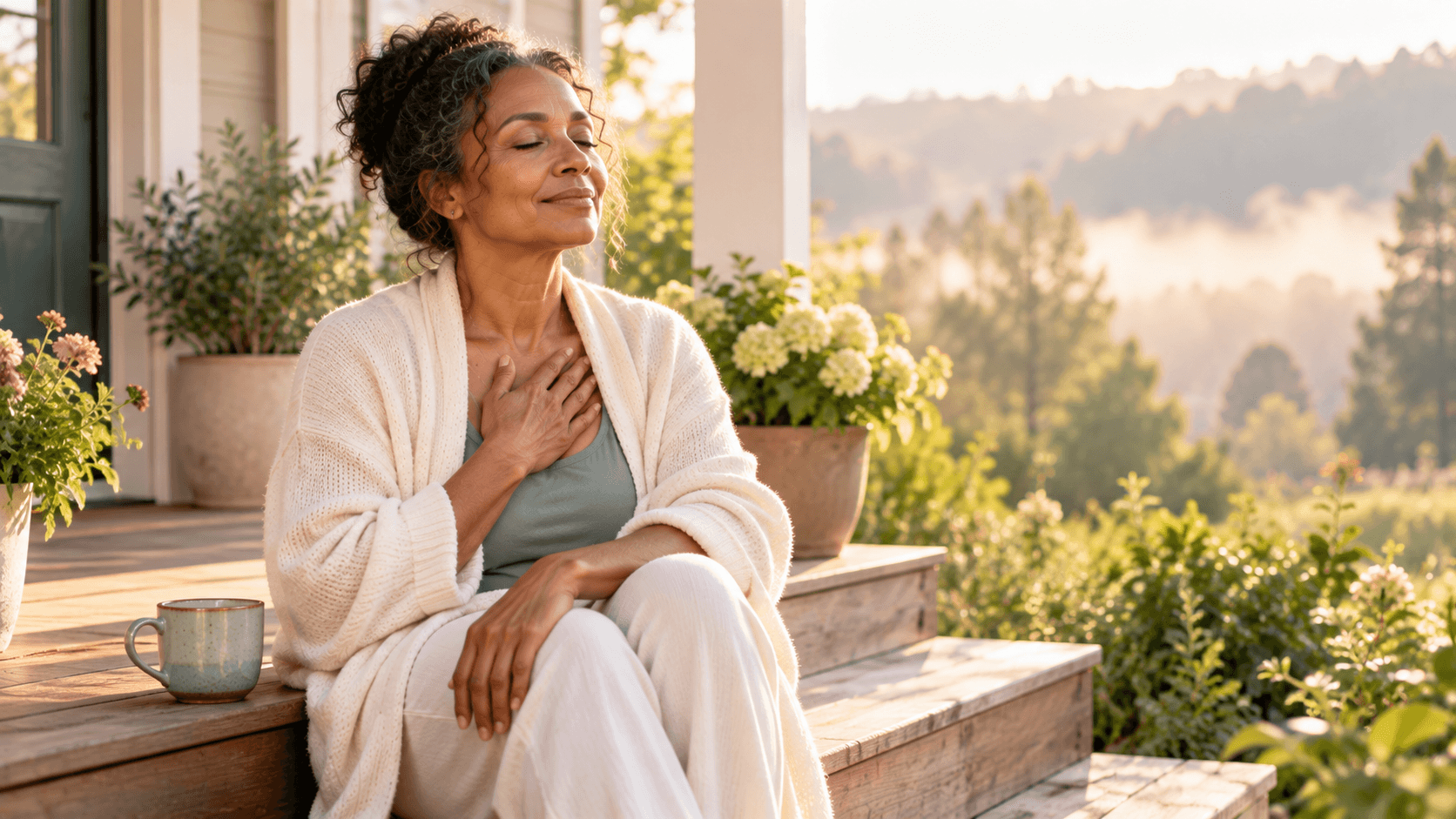 Woman taking a slow breath on a quiet porch in morning light Woman taking a slow breath on a quiet porch in morning light