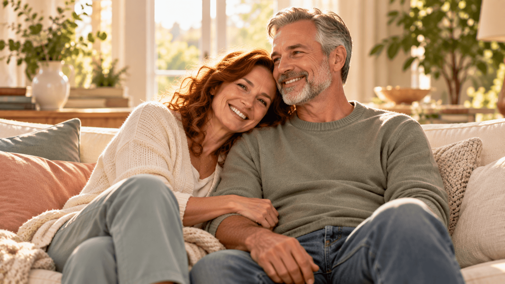Couple in their 50s sharing a relaxed, affectionate moment at home