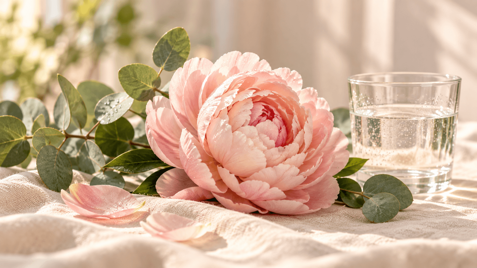 Botanical still life of a single blush peony with dewdrops on cream linen