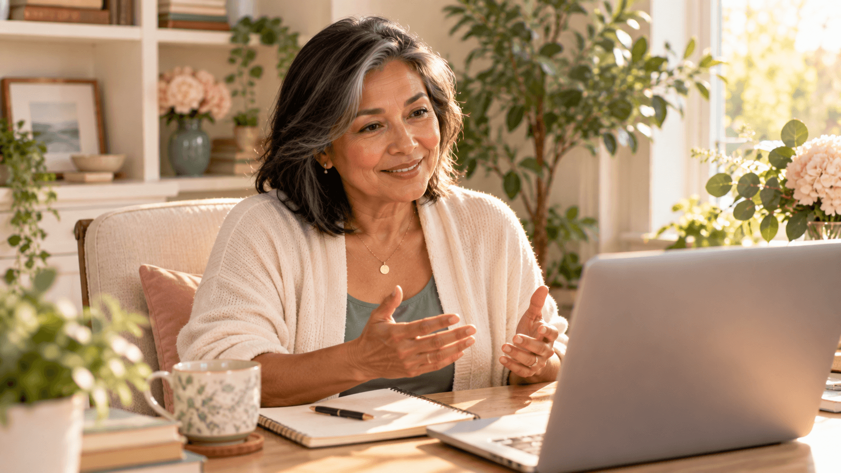 Woman speaking openly with her clinician during a telehealth visit