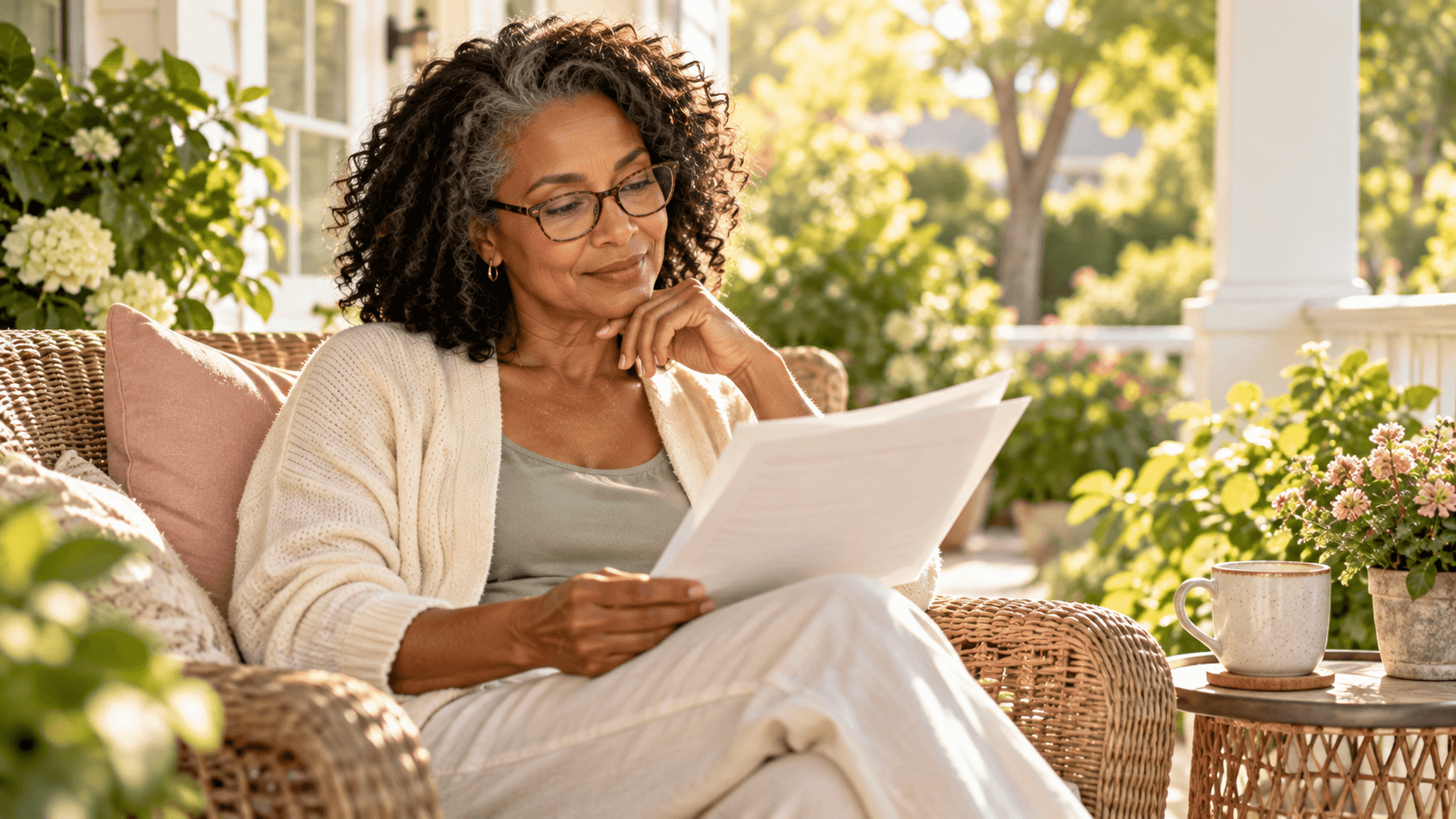Woman in her 50s reading a health article on her porch with a cup of coffee