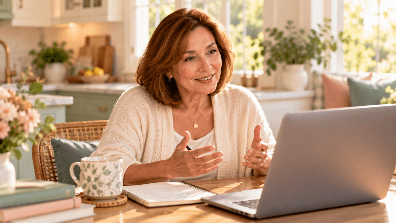 Woman asking her clinician questions during a calm telehealth visit