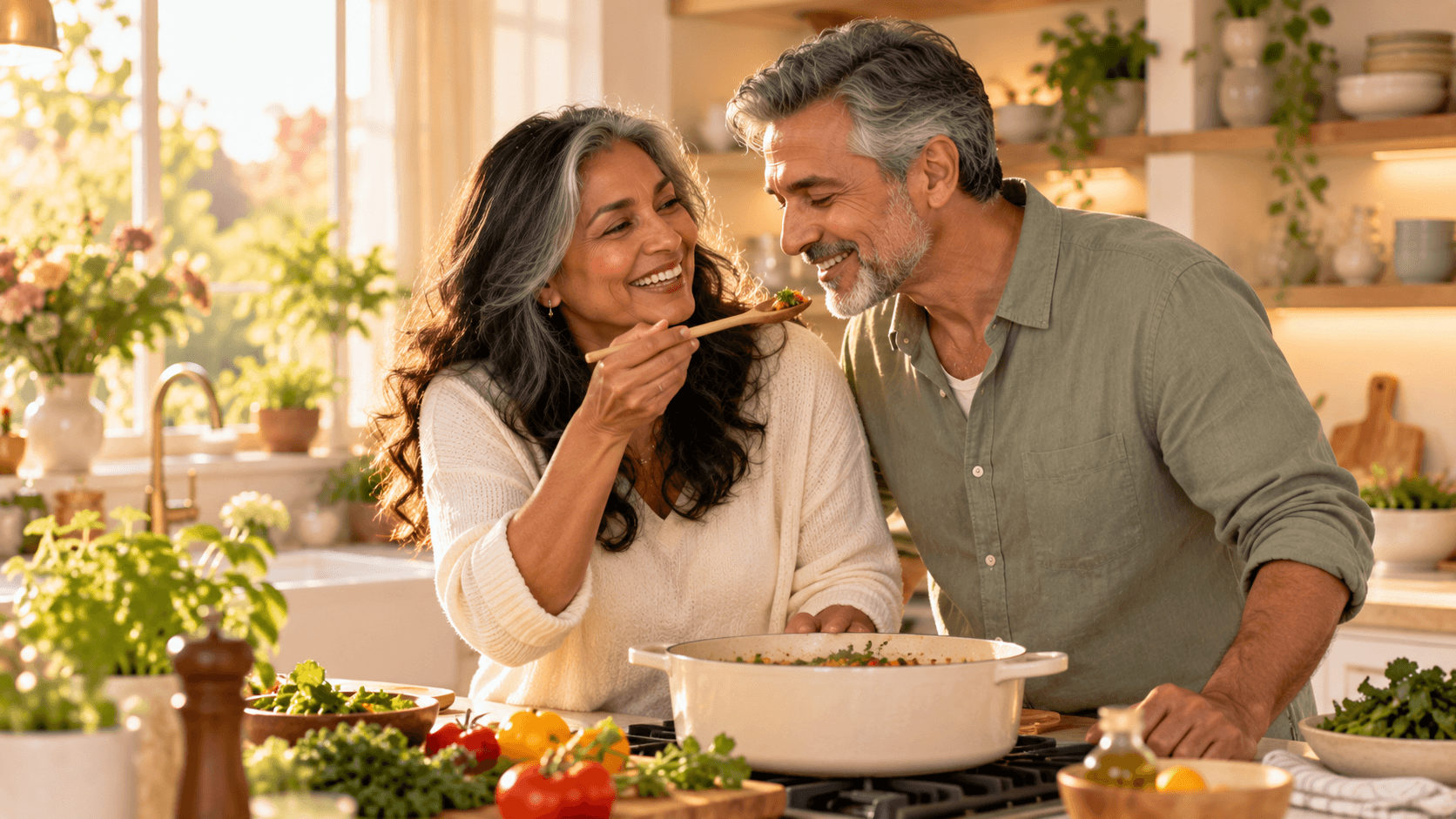 Couple in their 50s sharing a warm, playful moment while cooking together