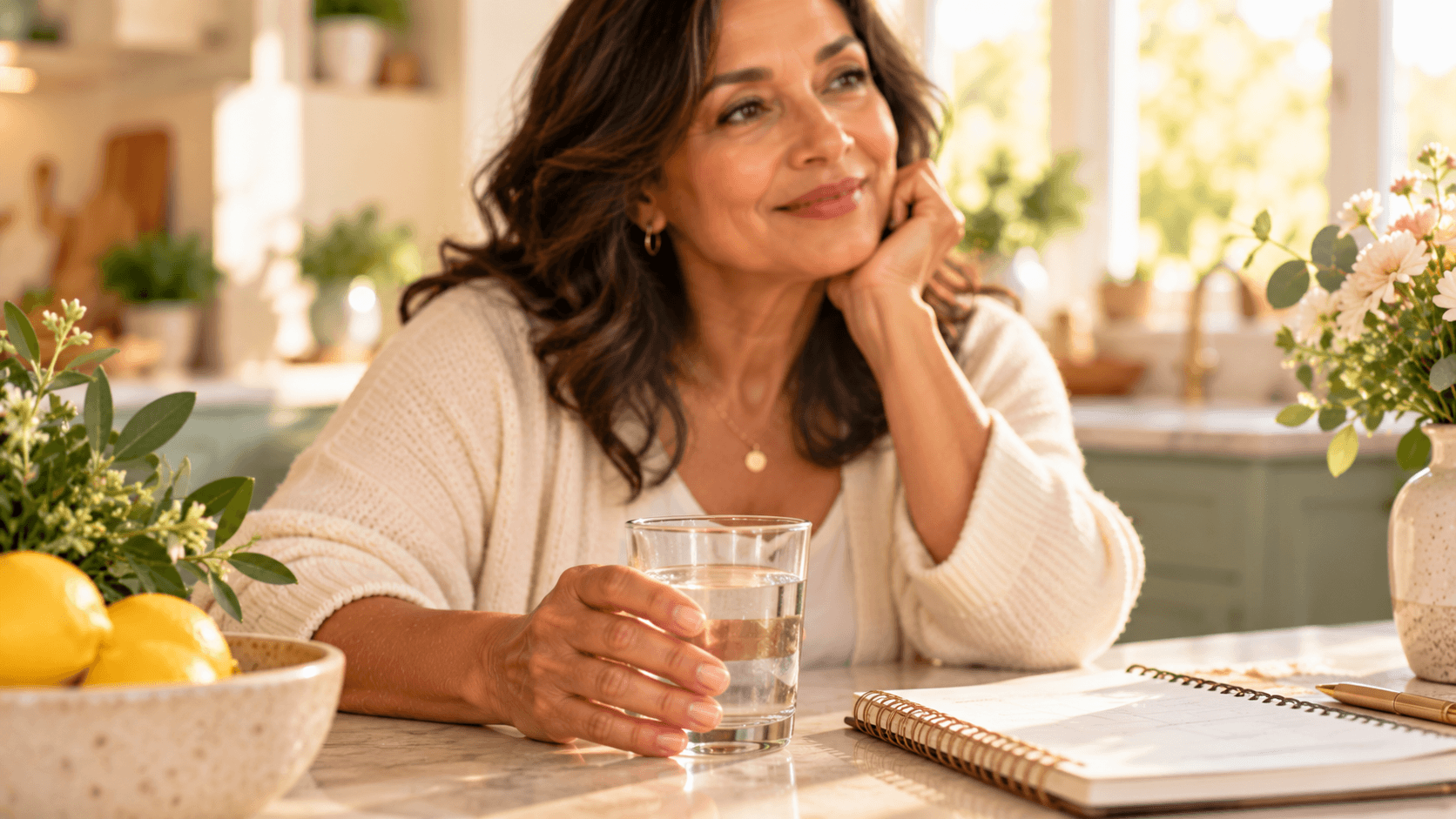 A woman at home reviewing her weekly routine in warm kitchen light