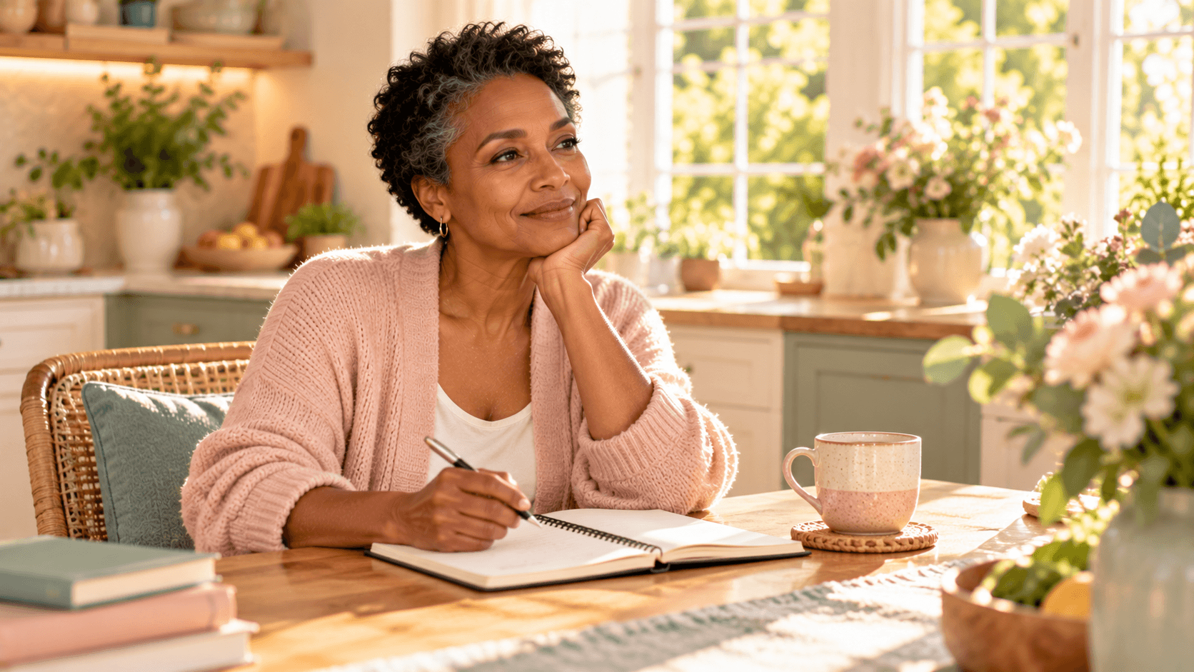 A woman in midlife reviews her health questions at home in warm morning light