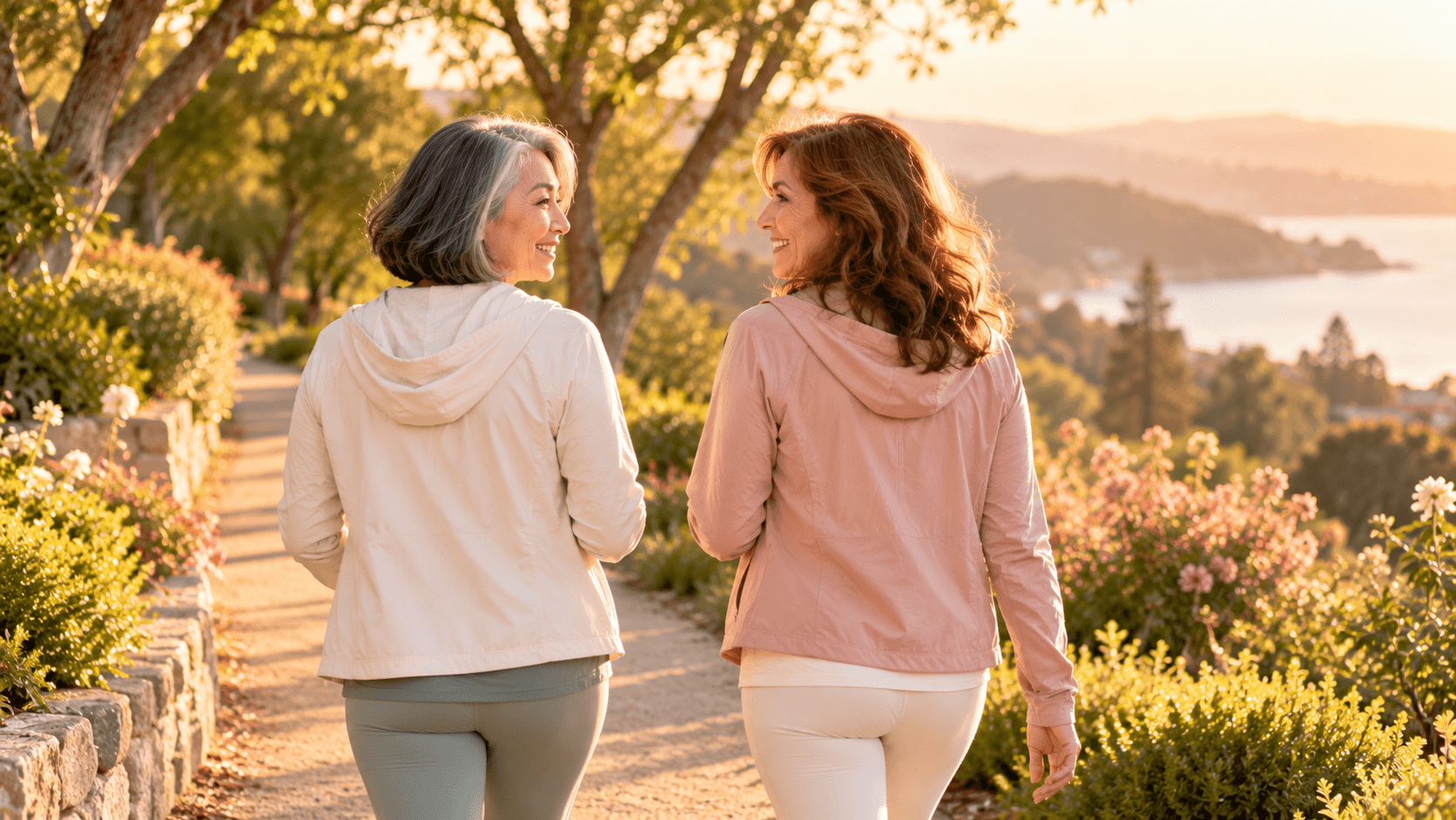 Two women in midlife walking together outdoors and talking