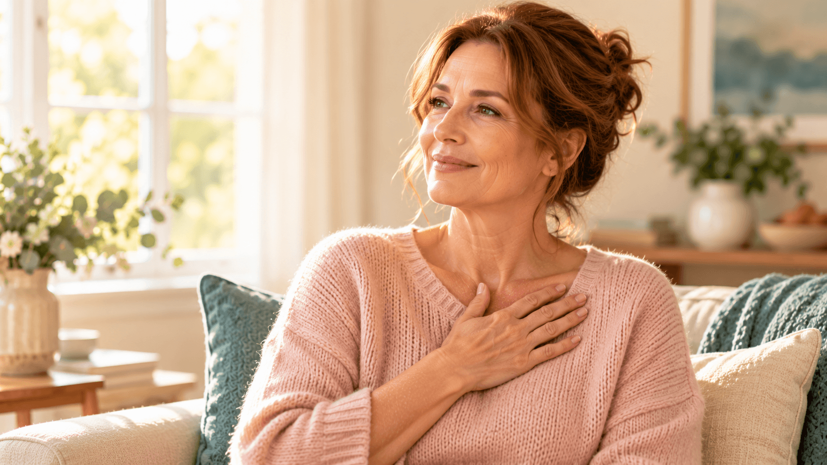 A woman in midlife rests her hand lightly over her chest with a calm, reassured expression, in soft natural light.