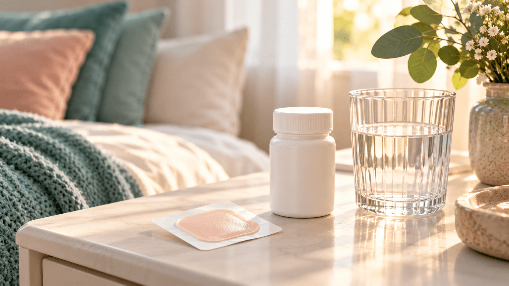 A transdermal HRT patch and a small pill bottle rest on a clean bedside table in soft morning light.
