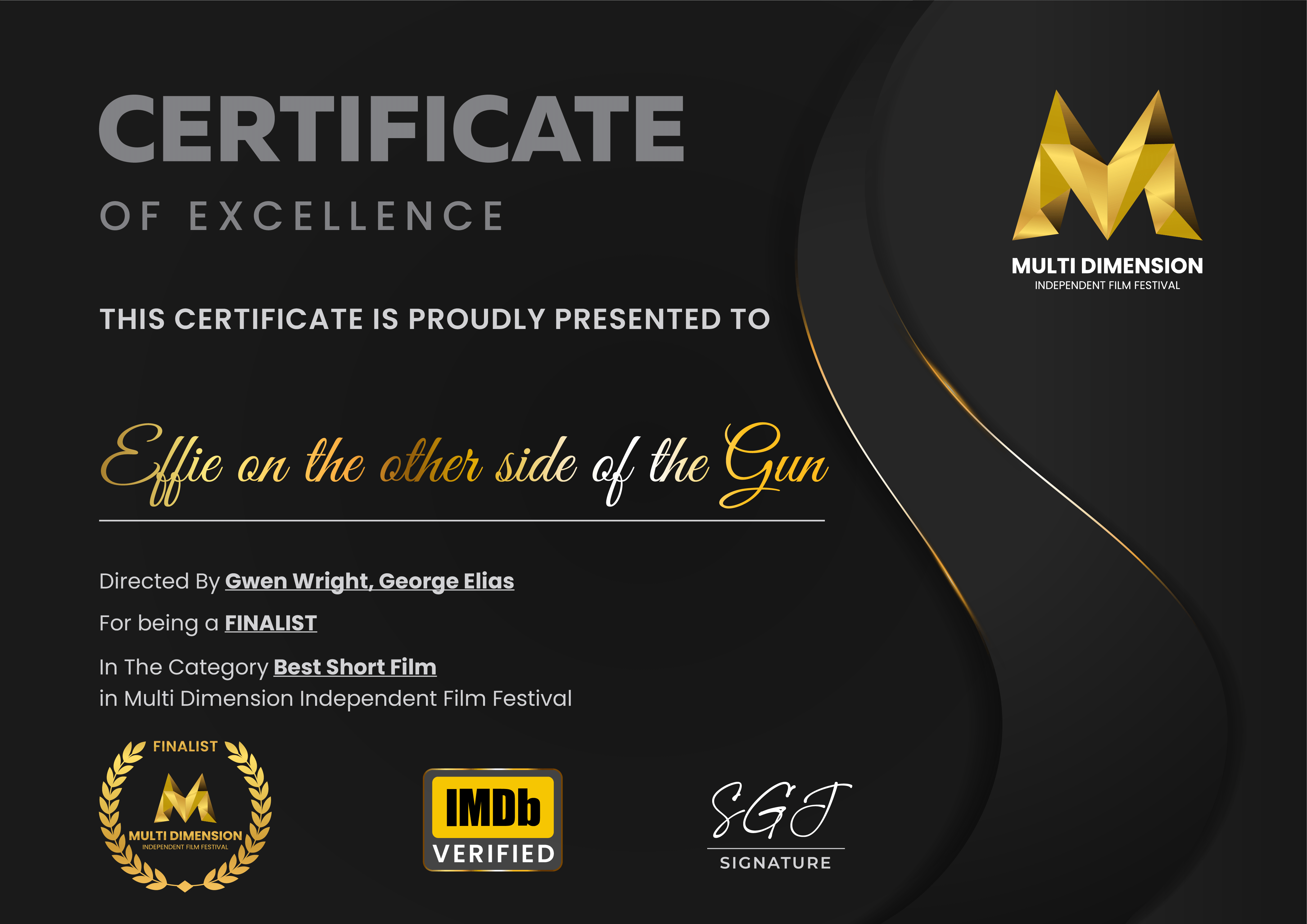 Effie on the Other Side of the Gun finalist certificate