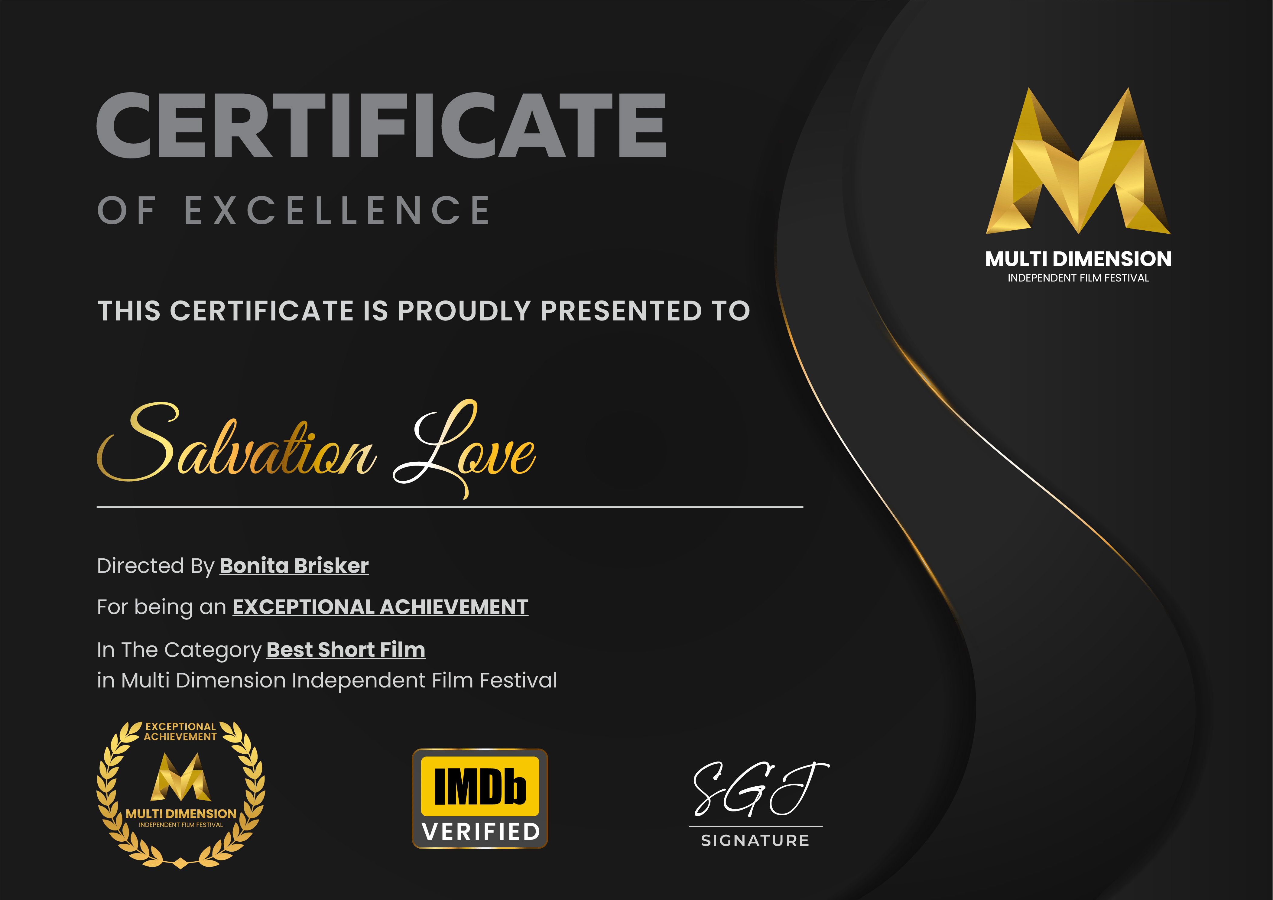 Salvation Love Best Short Film certificate