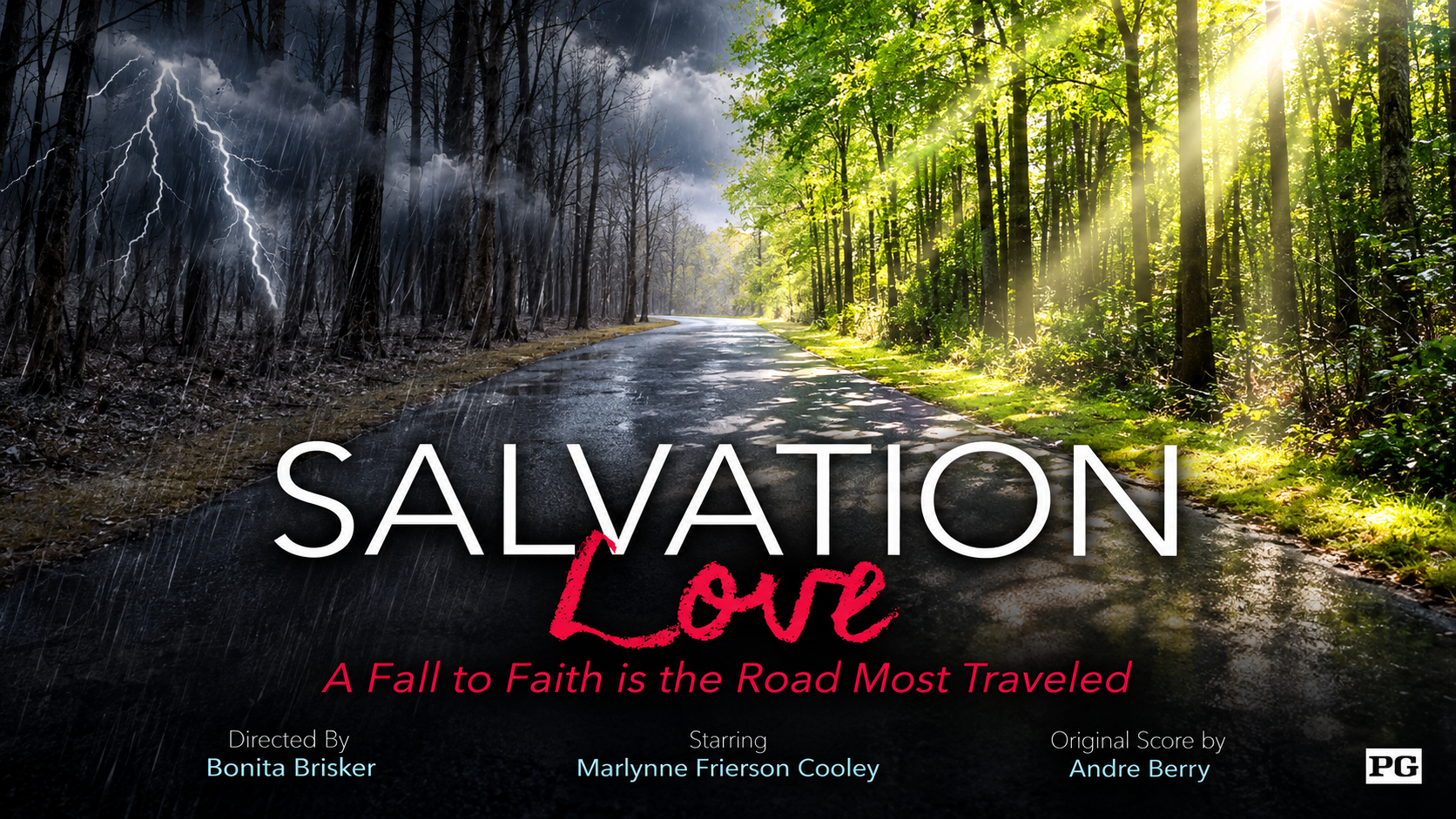 Salvation Love film cover showing a road divided between darkness and light