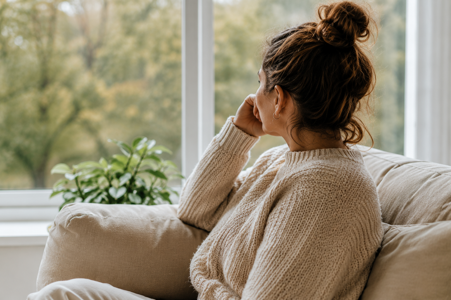 Woman quietly reflecting beside a window