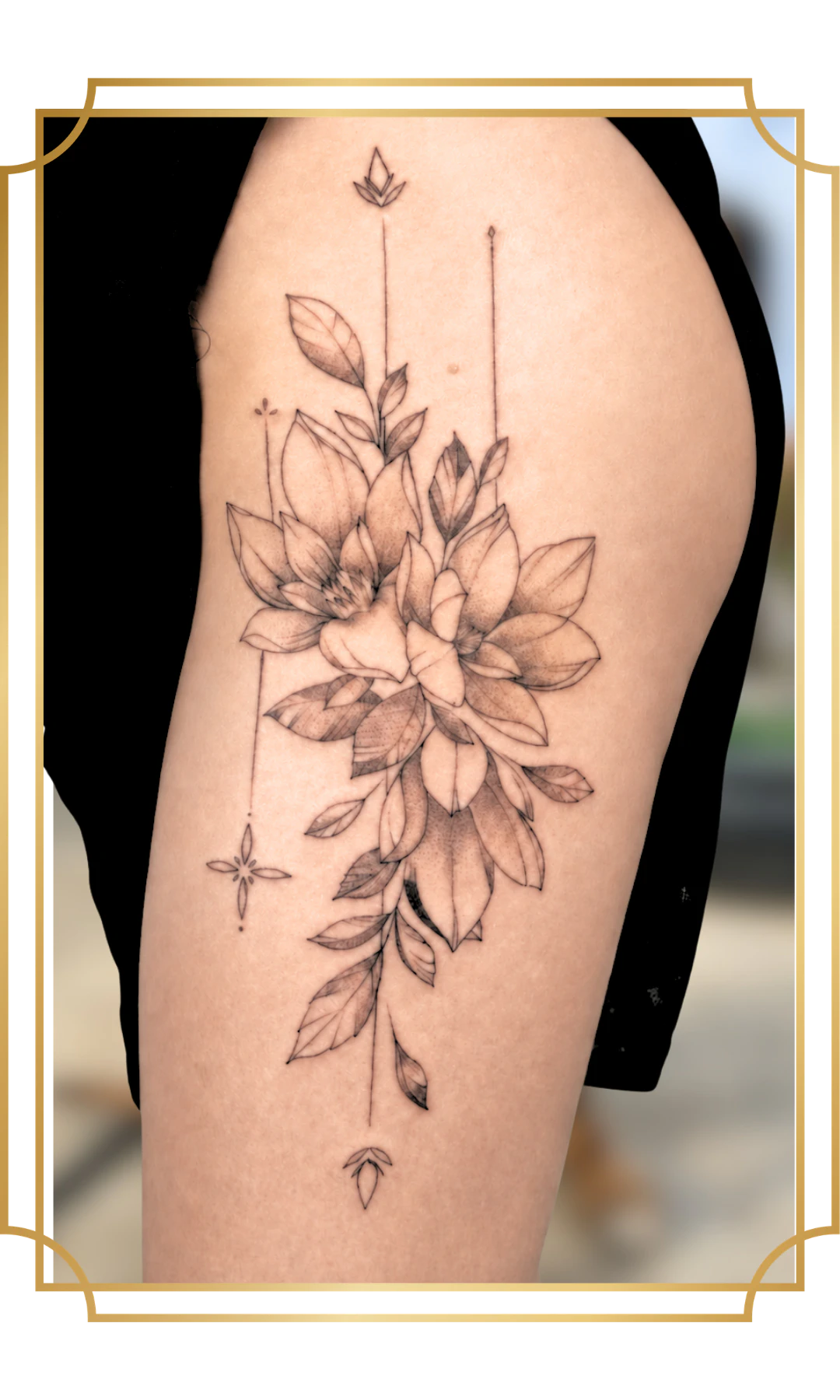 Custom fine line floral tattoo featuring detailed flower elements by Alek the Saint, tattoo artist in San Marcos, California