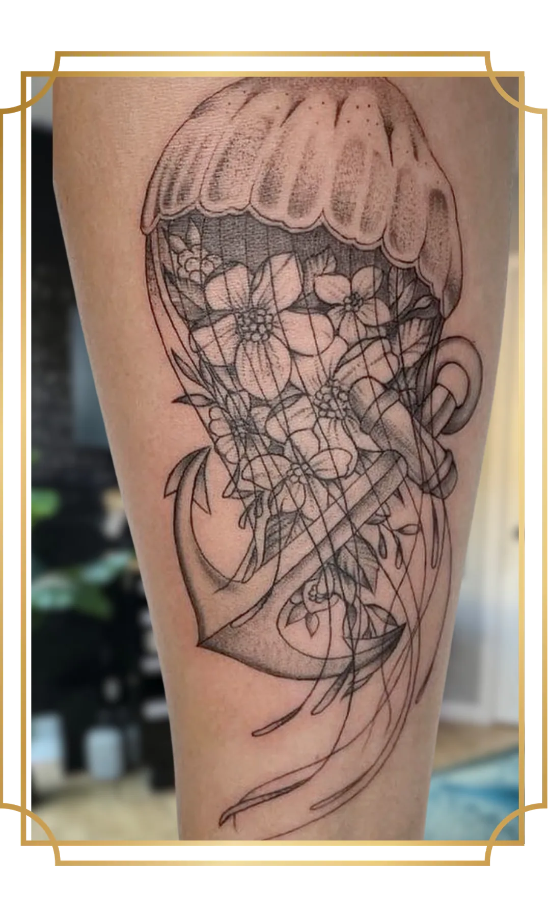 Fine line botanical flower tattoo with elegant details by Alek the Saint, tattoo artist in San Marcos, California