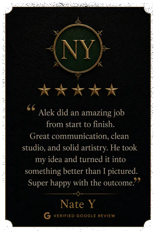 Five-star Google review from Sandy K praising the detail, flow, contrast, and composition of her 13-hour tattoo by Alek the Saint.