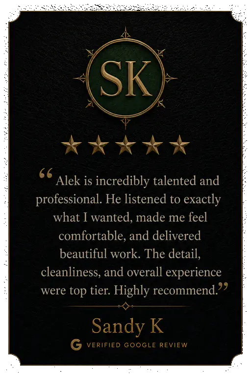 Five-star Google review from Joy D praising Alek the Saint’s kindness and the stunning detail, color, and design of her tattoo.