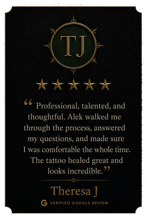 Five-star Google review from Alejandro F praising Alek the Saint for professionally repairing a bad tattoo and providing excellent work.