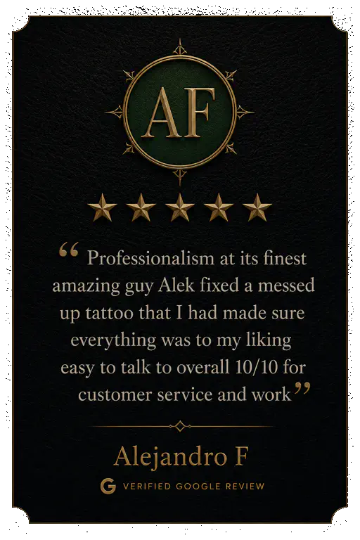 Five-star Google review from Theresa J praising Alek the Saint’s careful design process, perfect placement, and excellent tattoo work.