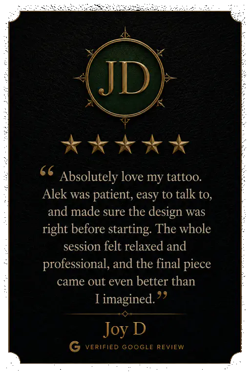 One-star Google review from Luke D saying Alek the Saint has a light hand, works quickly, and is “a Saint.”