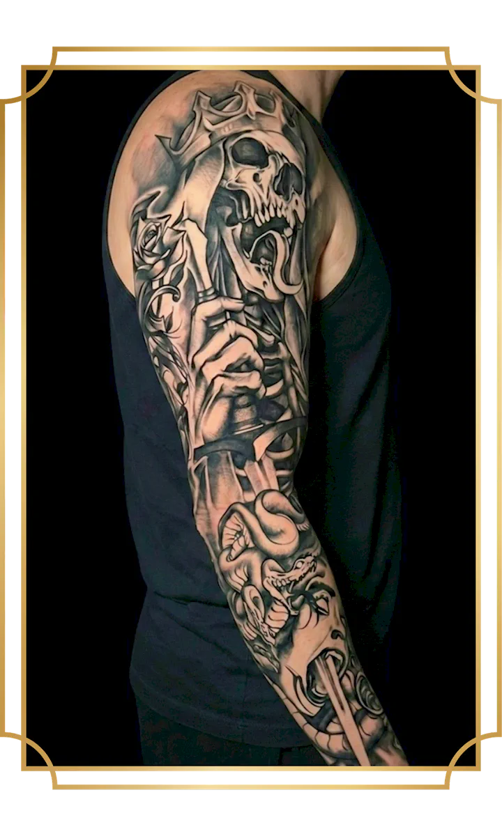 Blackwork full sleeve tattoo with crowned skull, woman's face and surreal imagery