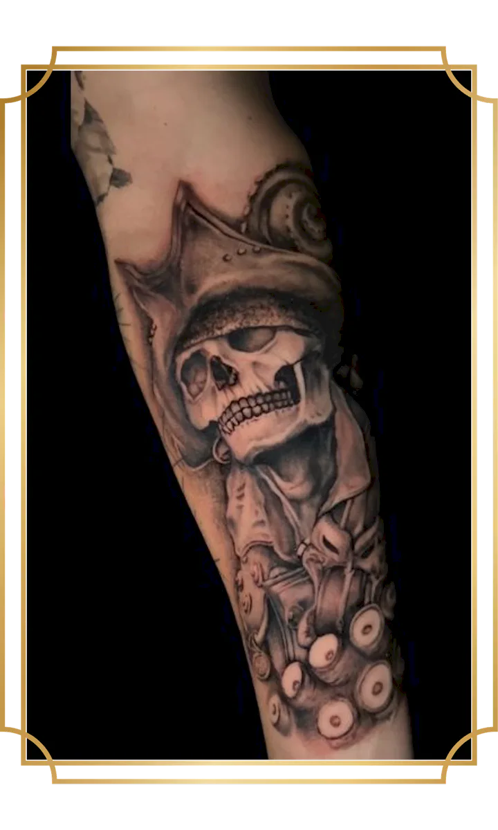 Black and gray pirate skull tattoo with tricorn hat and octopus tentacles on the forearm