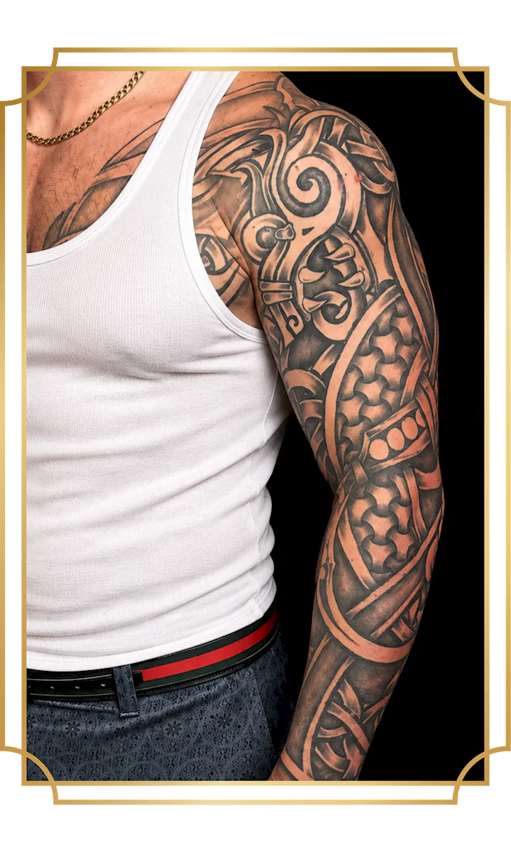 Polynesian-style blackwork sleeve tattoo with bold geometric and scale patterns