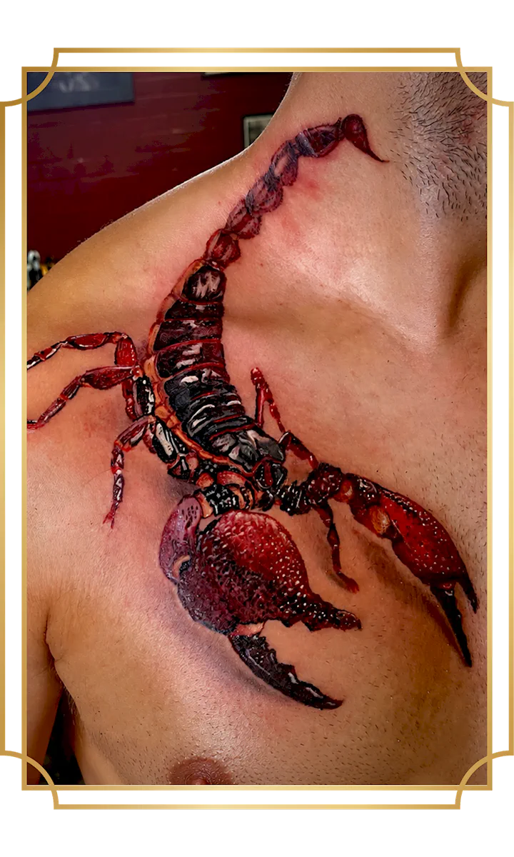 Color-realism red scorpion chest tattoo with a raised tail, armored black body, detailed legs and oversized claws by Alek the Saint