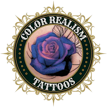 Cover-up tattoo by Alek the Saint in San Marcos, CA, displayed in a gold and green frame