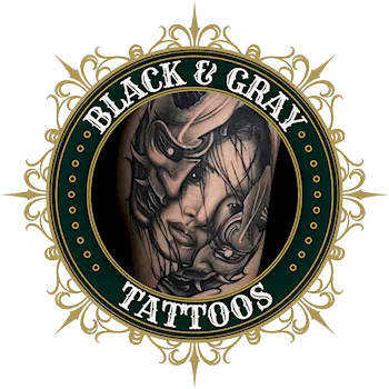 Black and gray realism tattoo by Alek the Saint in San Marcos, CA, displayed in a gold and green frame