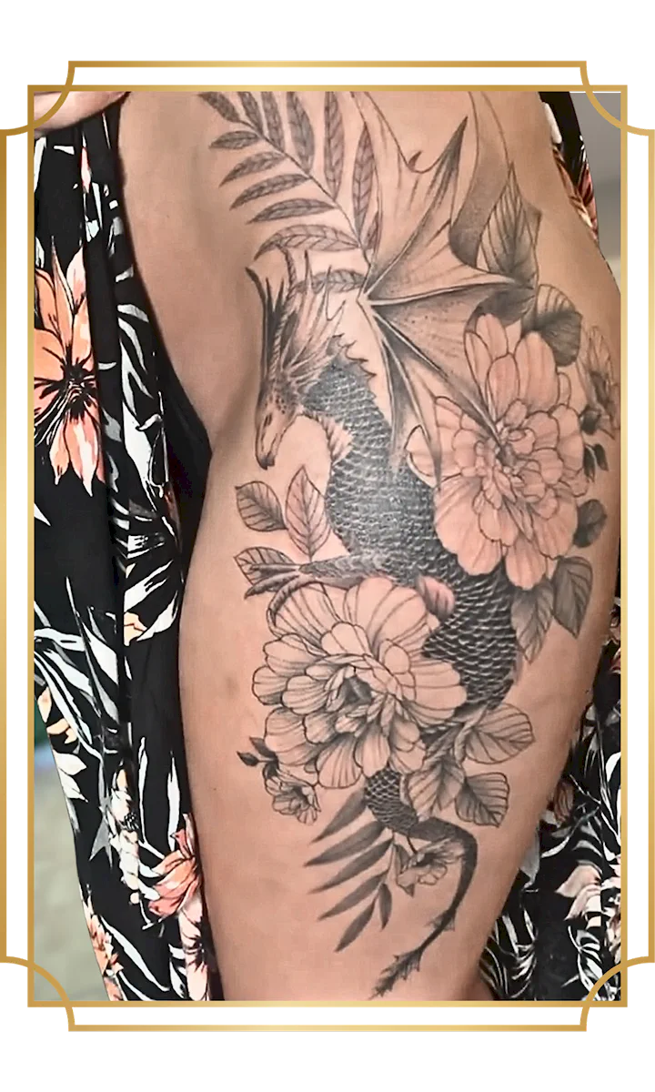Blackwork dragon and floral tattoo with detailed flowers and leaves on the thigh