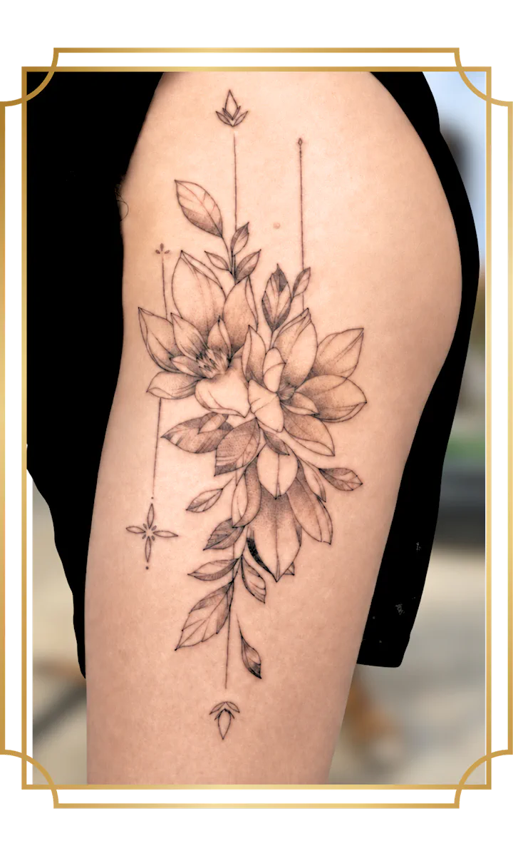 Ornamental floral fine-line upper-arm tattoo in San Marcos with layered blossoms, botanical leaves, vertical lines and delicate geometric accents