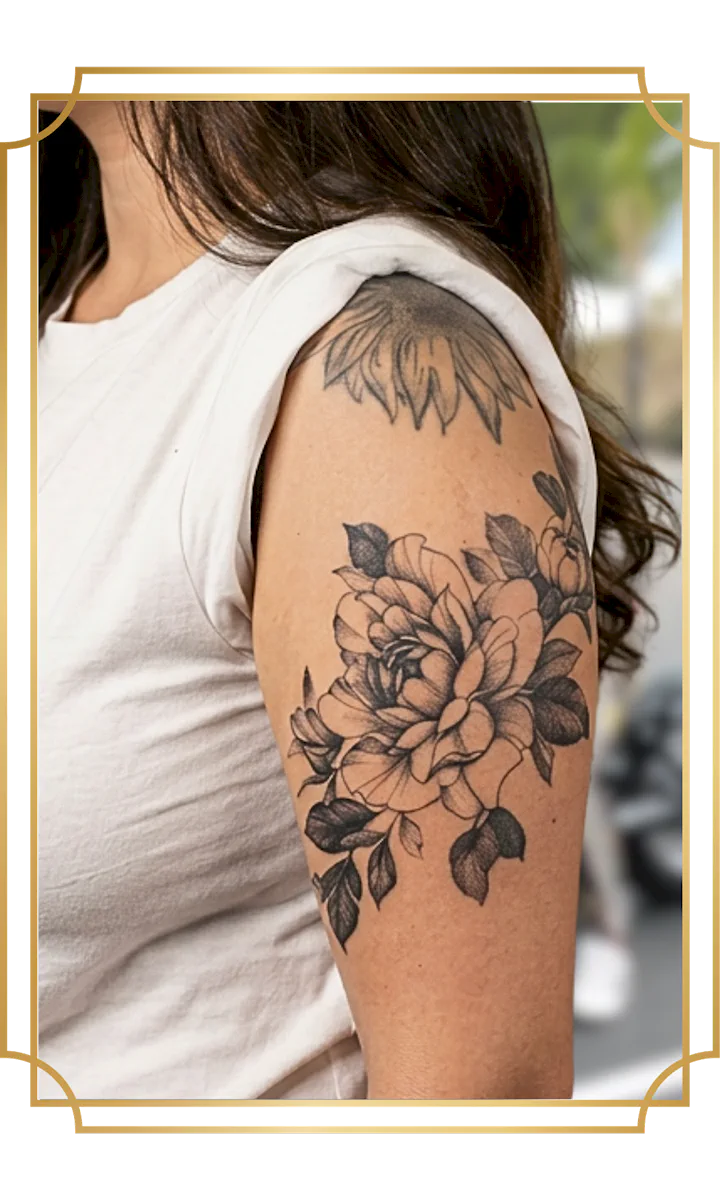 Floral fine-line peony bouquet wrapping the upper arm, with layered petals, stipple-shaded leaves and clean outlines by Alek the Saint