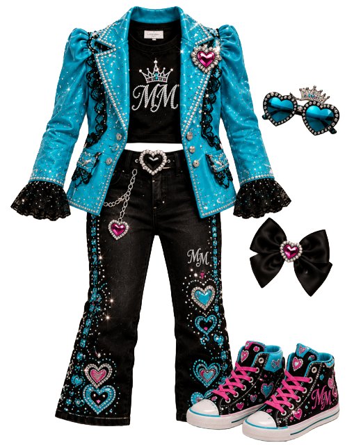 Teal jacket and sparkly jeans outfit with accessories