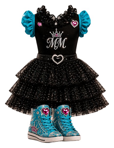 Black tiered tutu dress with teal sleeves and sparkly sneakers