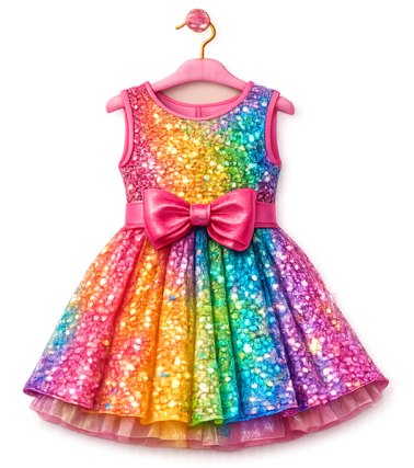 Rainbow sequin party dress with a pink bow