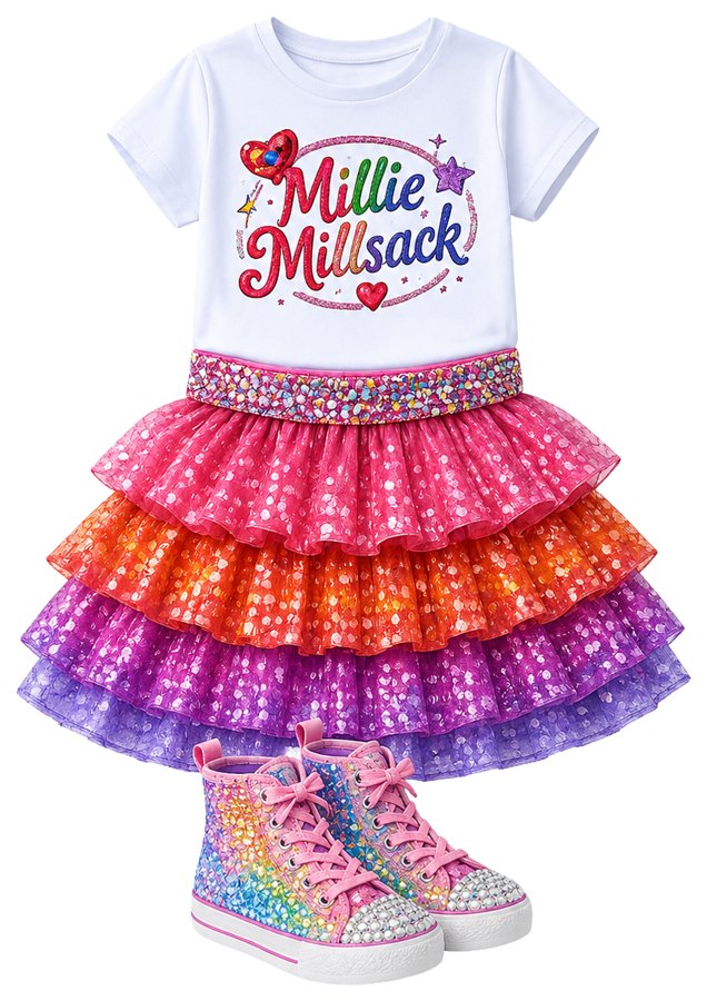 Millie Millsack rainbow tiered tutu outfit with glitter high-top sneakers