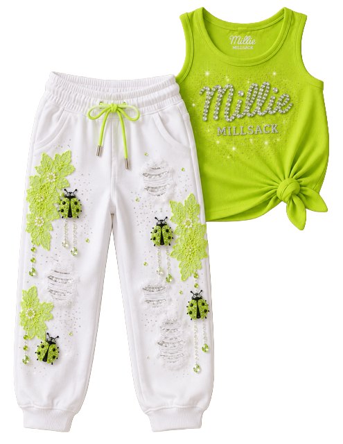 Lime green Millie tank top and white joggers