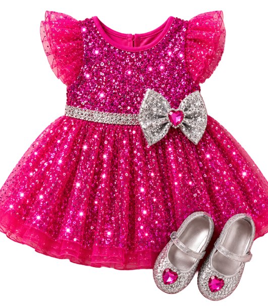 Pink sparkle party dress with a silver bow and glitter shoes