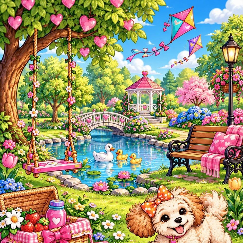 A sunny park day with ducks, kites, and a picnic