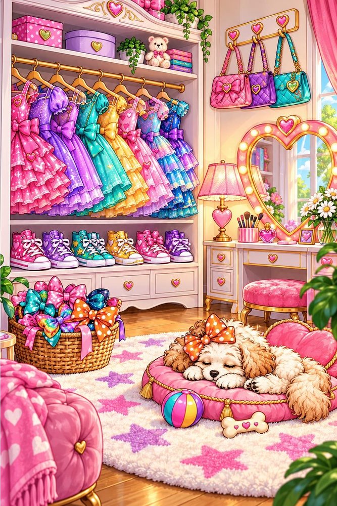 Millie's dream closet with dresses, bows, and Rubie napping