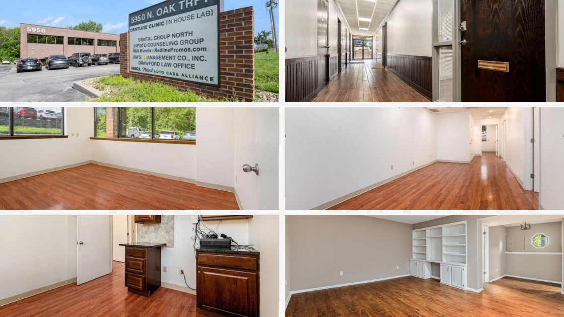 Commercial office building for lease on North Oak Trafficway in Kansas City featuring brick exterior monument sign, updated hallway with wood flooring, private office suites with large windows, built-in cabinetry, and professional interior finishes ideal for medical, dental, counseling, or professional services use.