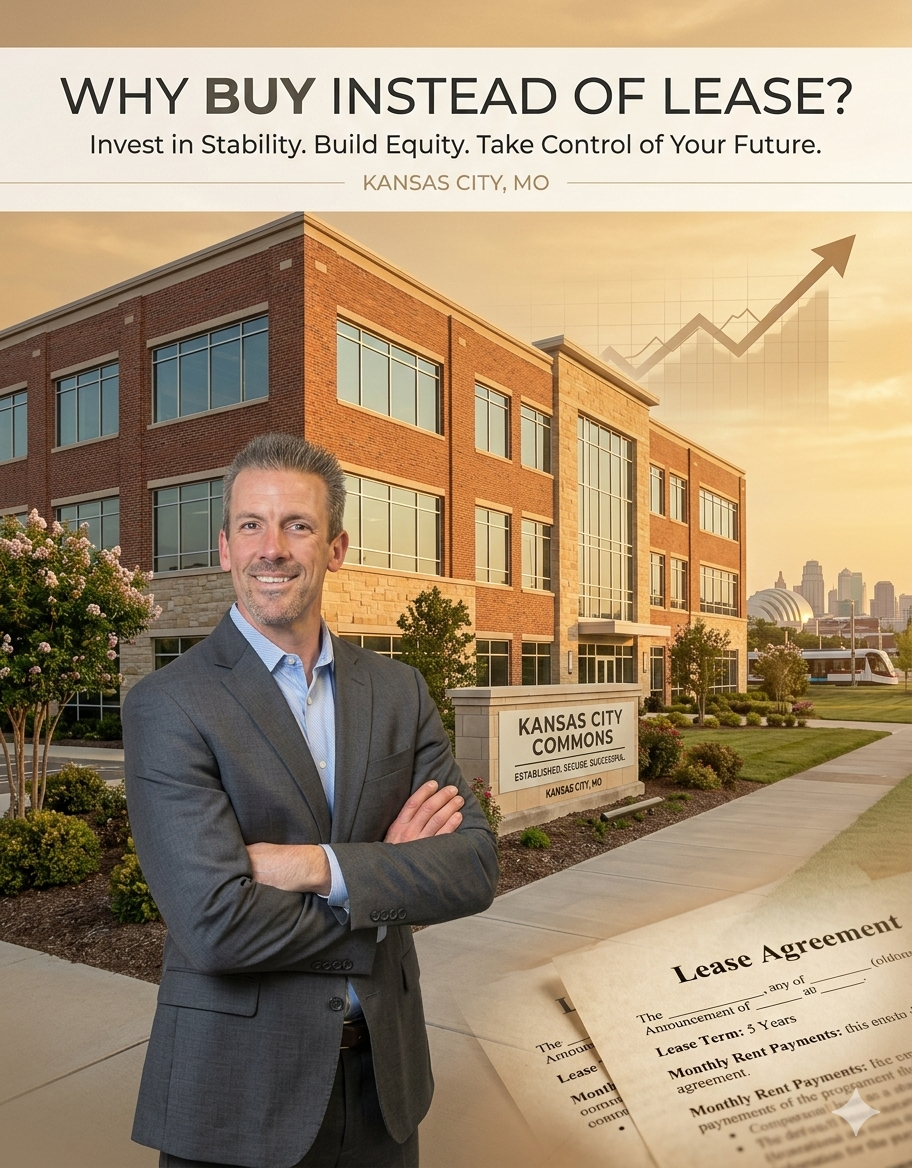 Professional commercial real estate marketing image featuring a confident business professional standing in front of a modern brick office building in Kansas City, MO, with headline “Why Buy Instead of Lease?”, subtle upward equity growth graph in the sky, and lease agreement document overlay symbolizing ownership, stability, and building business equity.