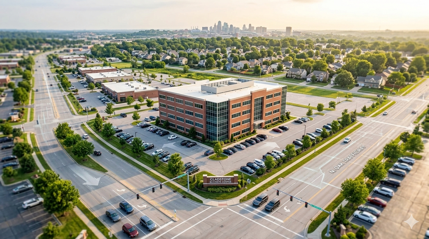 Aerial drone view of modern brick office building in Gladstone, Missouri at a high-visibility intersection near North Oak Trafficway, featuring ample parking, light traffic flow, surrounding residential neighborhoods, and the Kansas City skyline in the distance, highlighting accessibility for clients and employees.
